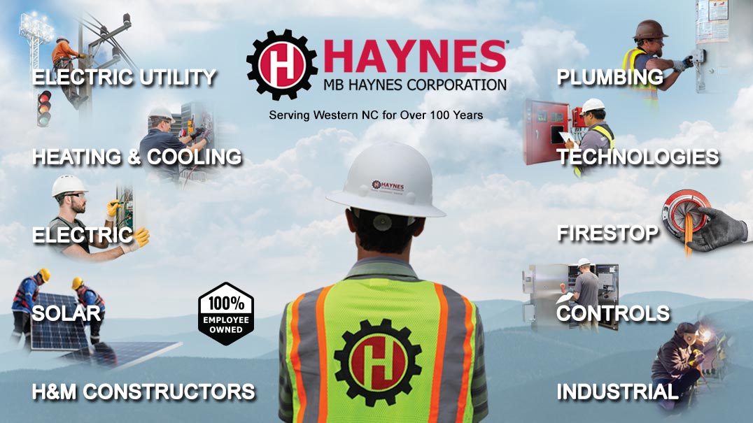 Home-Page-Breath-of-Services-(8-21-25) MB Haynes Employee, looking over constrcuction site. Surrounded by service areas MB Haynes offers.